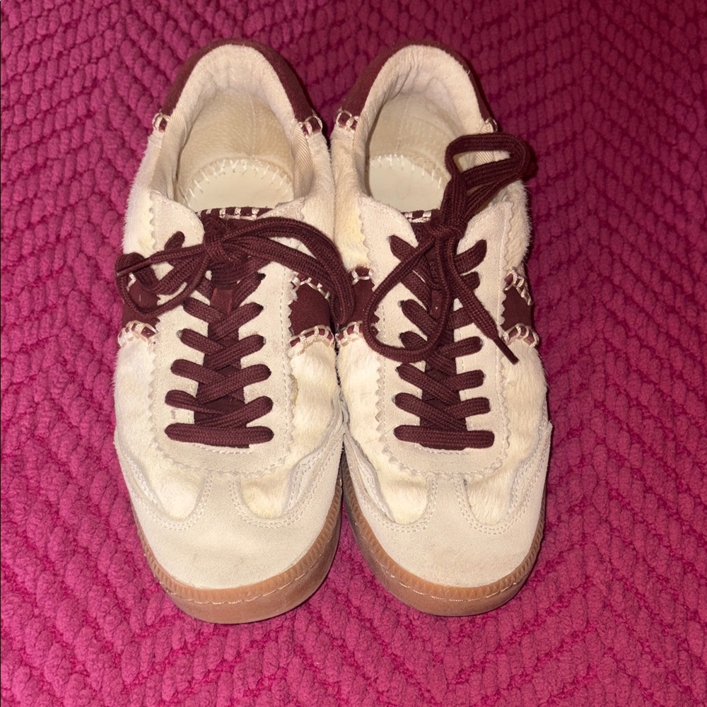 Dolce Vita Cream Calf Hair and Burgundy Suede Lace-Up Sneakers